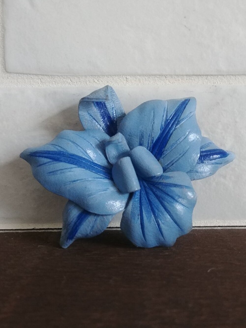 Handpainted leather brooch pin bright blue two tone flower
